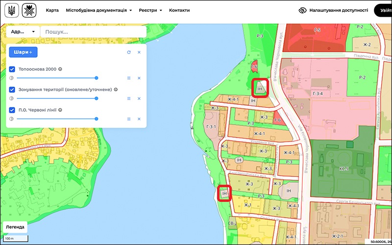 Місце розташування очисних сепараторів, які встановили в межах капітального ремонту вулиці Чорновола. Скриншот з Плану зонування Рівного