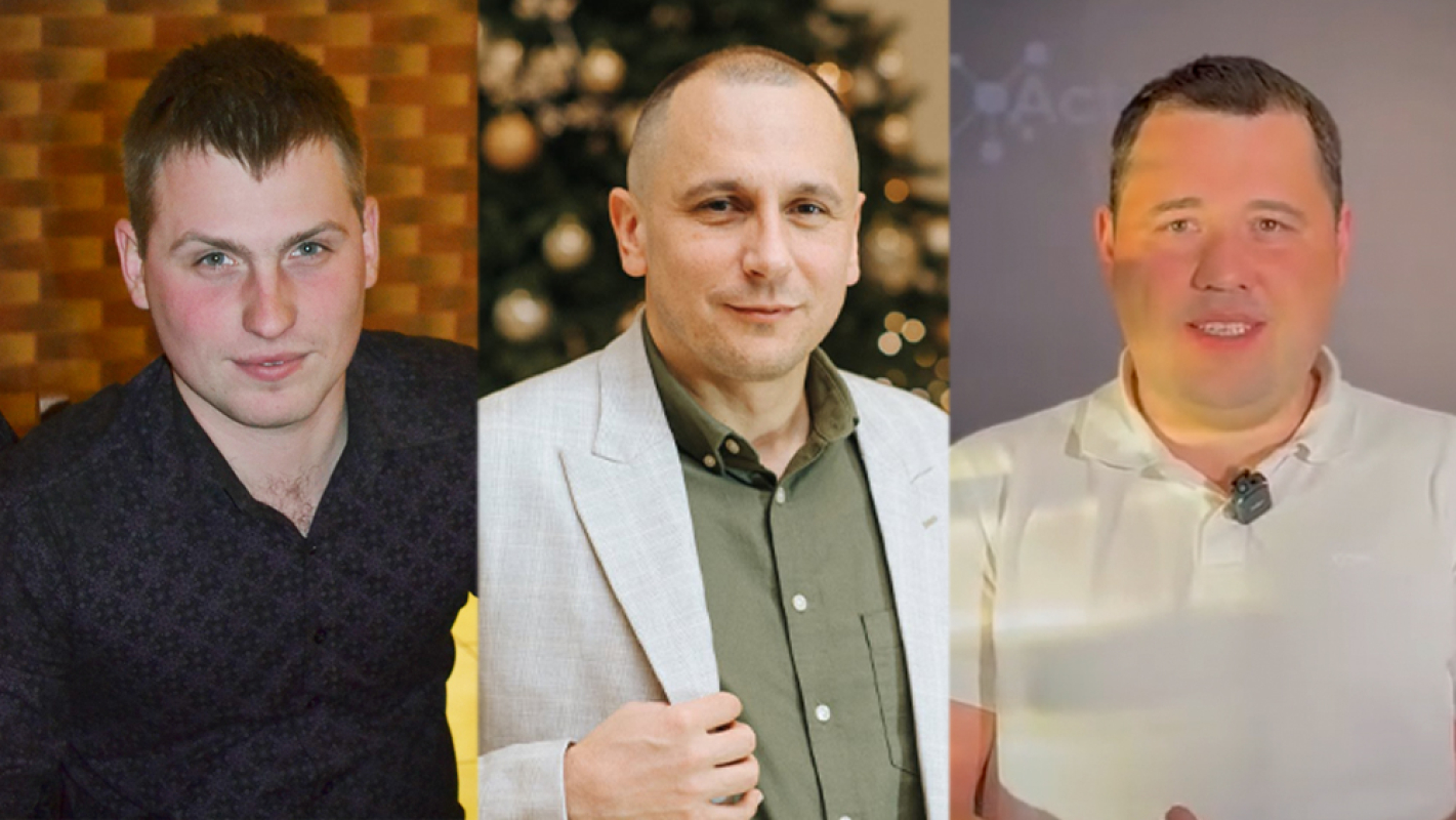 Бізнес-партнери ріелтора Павла Довганича на будівельній фірмі «Оптимус Б»: Володимир Григоренко, Юрій Вартосюк та Роман Швед (зліва направо). Колаж на основі фото із соцмереж Григоренка, ФК «Vartspecbud» та фейсбук-сторінки «Activitis Education»